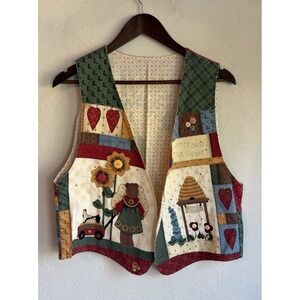 Vintage 90s Novelty Vest L XL Cottagecore Teddy Bear Bee Button Heart Country